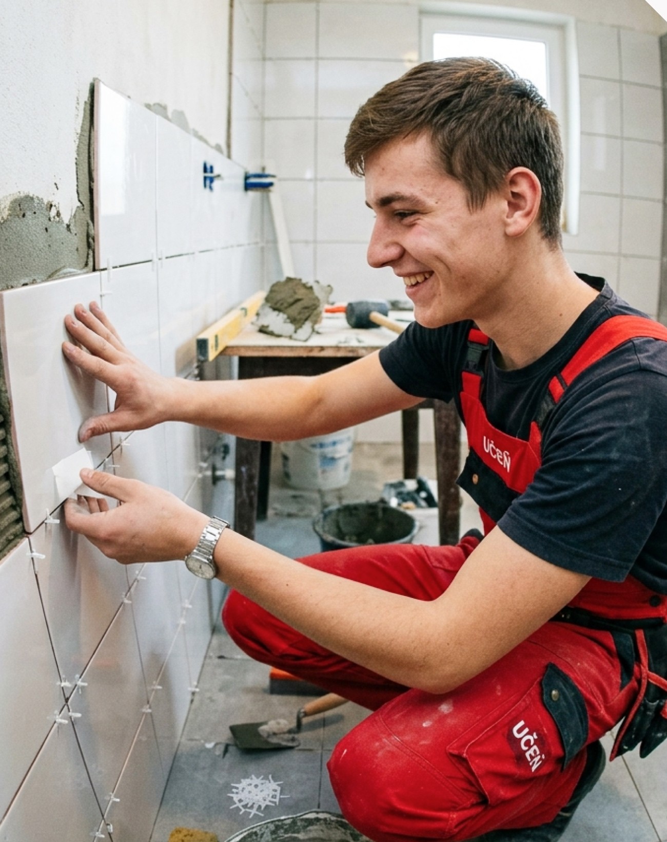 Student oboru zedník–obkladač při práci